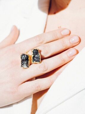 Robyn Rhodes “Lewis” Gold-Edged Black Druzy Statement Ring - Women's Jewelry 🖤✨🤩